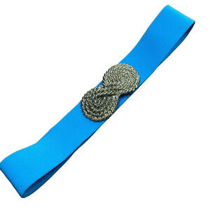 Vintage Blue Stretch Belt Massive Goldtone Rope Textured Twist Buckle 1980’s